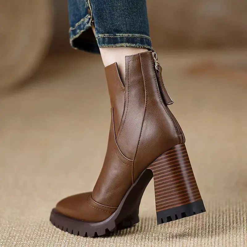 Women's High-heeled Ankle Boots  Fashion Pointed Toe Zipper British Retro Anti Slip Women's Short Boots Botas Mujer