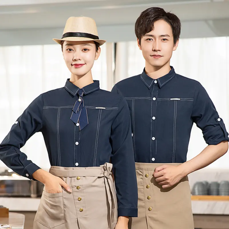Elegant Waiter Waitress Shirt with Pockets for Cafe Hotel Reception Banquet Restaurant Waitstaff