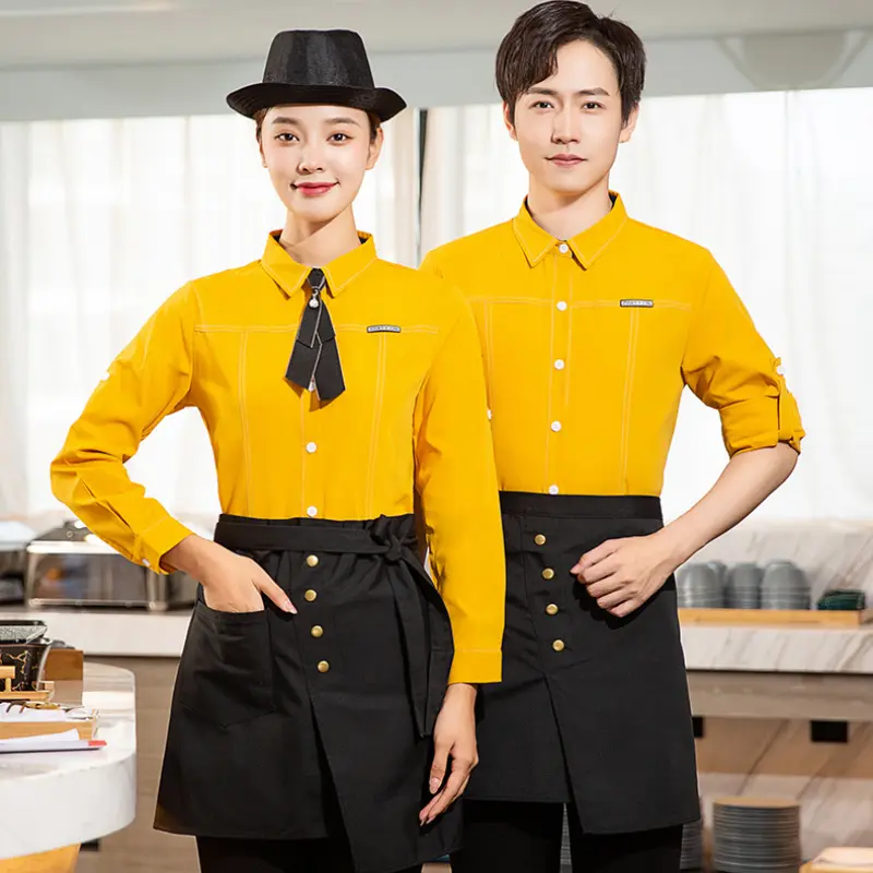 Elegant Waiter Waitress Shirt with Pockets for Cafe Hotel Reception Banquet Restaurant Waitstaff