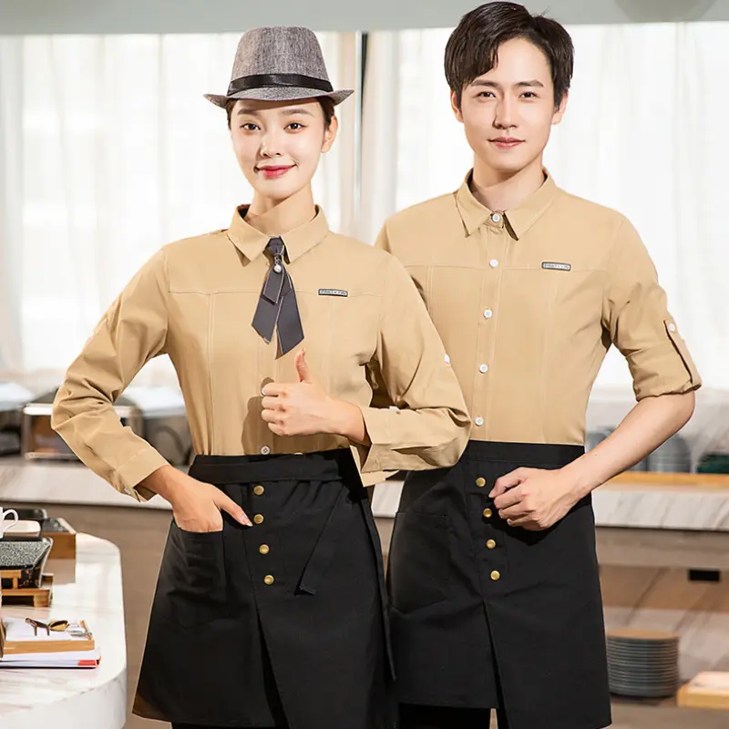 Elegant Waiter Waitress Shirt with Pockets for Cafe Hotel Reception Banquet Restaurant Waitstaff