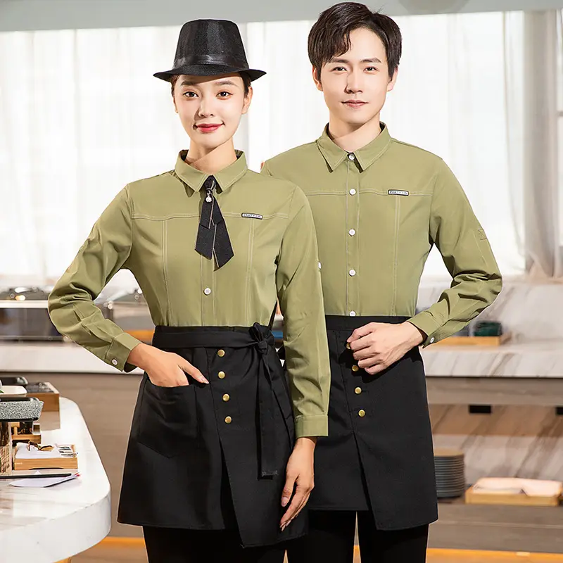 Elegant Waiter Waitress Shirt with Pockets for Cafe Hotel Reception Banquet Restaurant Waitstaff