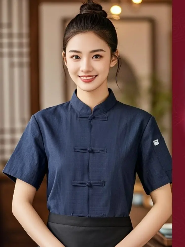 Linen Chef Uniform Short Sleeve Women Cook Jacket Catering Restaurant Waitress Clothing for Hotel Restaurant