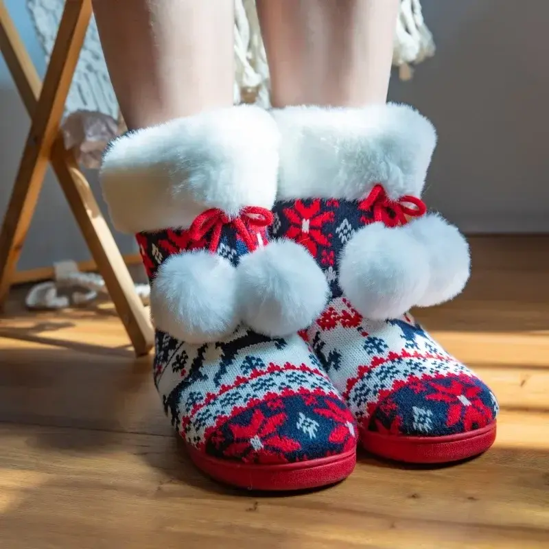 Women Slippers Booties Plush Knitted House Shoes KIds Chrismas Boots Ladies Indoor Outdoor