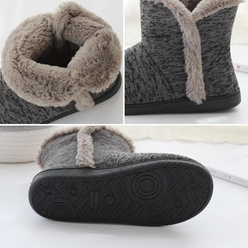 Slippers Booties for Men Women Winter Warm Plush House Shoes Indoor and Outdoor Grey Snow Boots