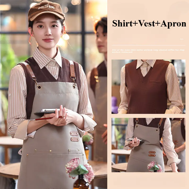 Long-Sleeve Waiter Uniforms Waitress Shirt Vest Apron Restaurant Coffee Shop Clothes