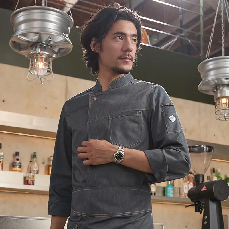 Chef Coat Denim Blue for Men Women Hotel Restaurant Long Sleeve Master Chef Uniform Kitchen Waiter Jacket