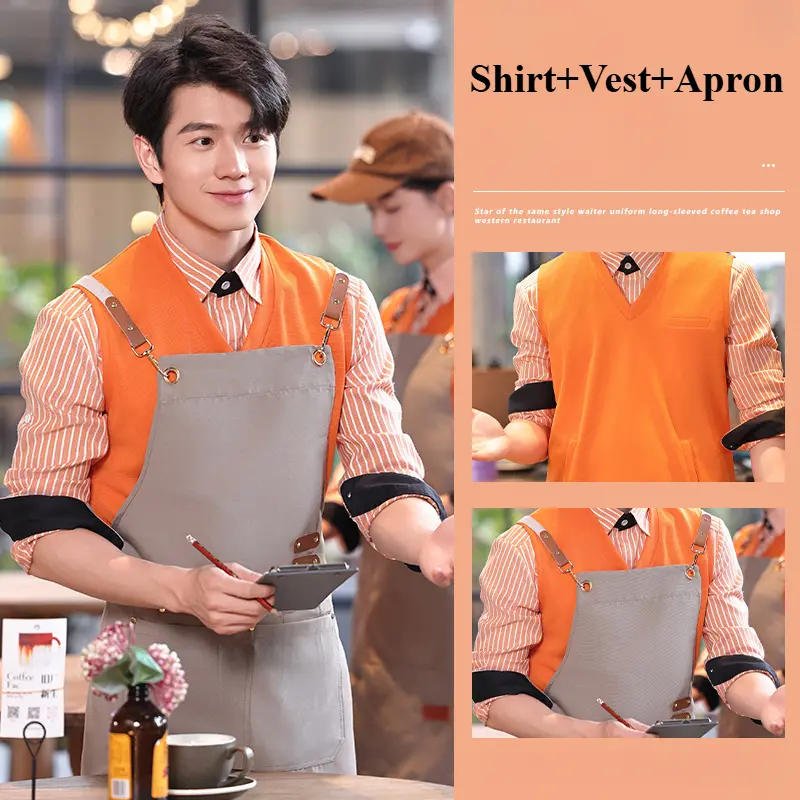 Long-Sleeve Waiter Uniforms Waitress Shirt Vest Apron Restaurant Coffee Shop Clothes