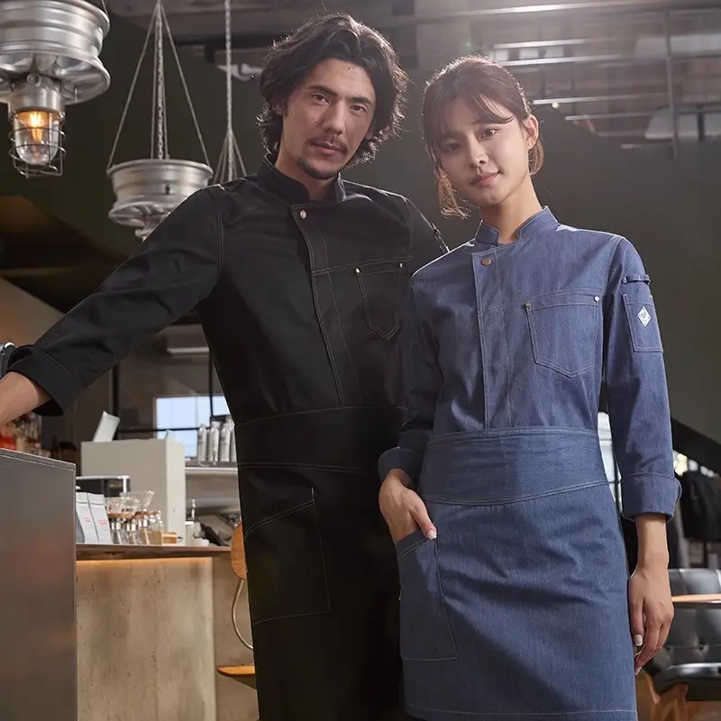 Chef Coat Denim Blue for Men Women Hotel Restaurant Long Sleeve Master Chef Uniform Kitchen Waiter Jacket