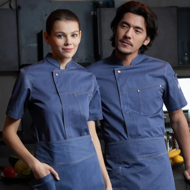Chef Coat Denim Blue for Men Women Hotel Restaurant Long Sleeve Master Chef Uniform Kitchen Waiter Jacket