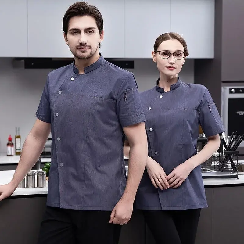 Short Sleeve Five Buttons Design Chef Jacket Kitchen Restaurant Cook Coat Waiter Uniform Top