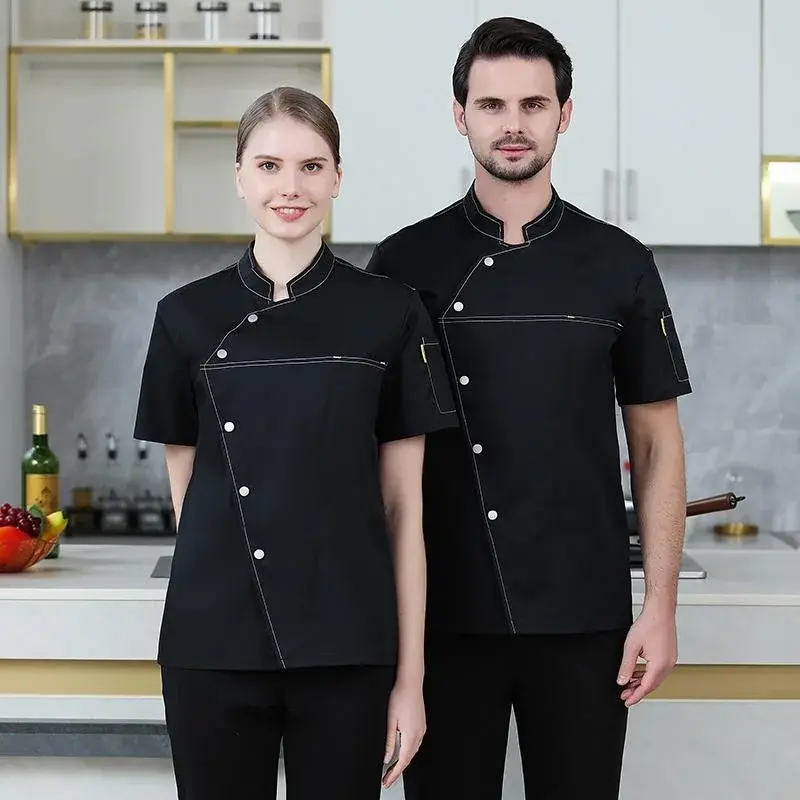 Short Sleeve Five Buttons Design Chef Jacket Kitchen Restaurant Cook Coat Waiter Uniform Top