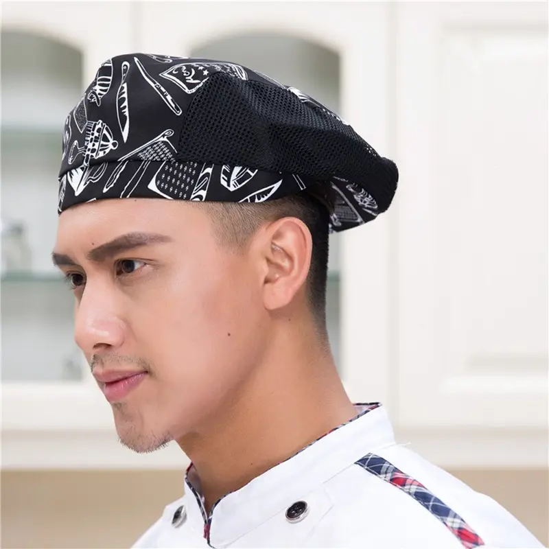 Men Women Mesh Patchwork Chef Restaurant Kitchen Cooking Work Wear Hats Beret Hotel Bakey Cafe Waiter Breathable Cap 56-58cm