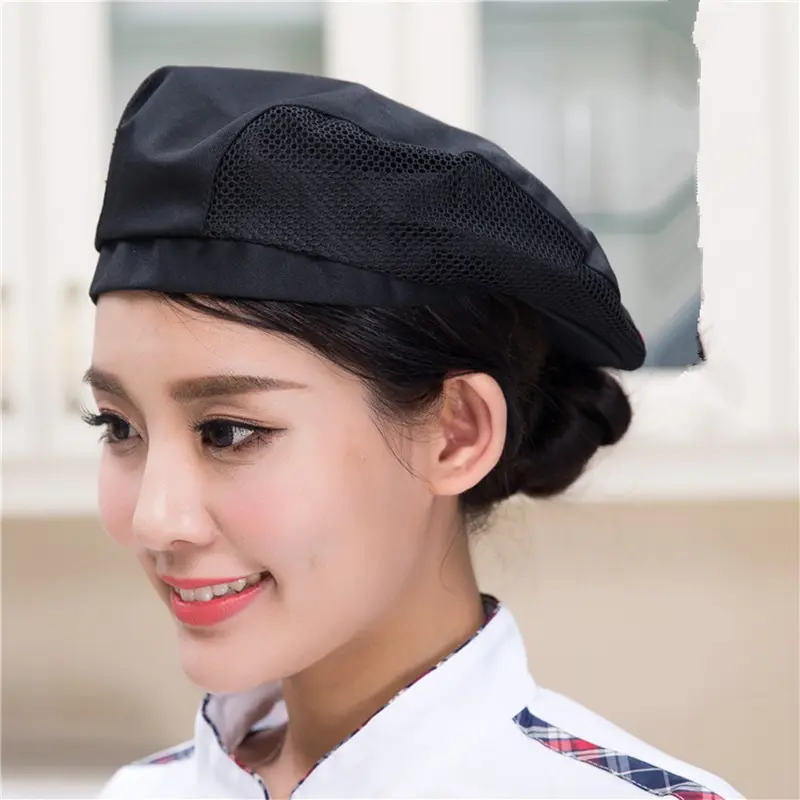 Men Women Mesh Patchwork Chef Restaurant Kitchen Cooking Work Wear Hats Beret Hotel Bakey Cafe Waiter Breathable Cap 56-58cm