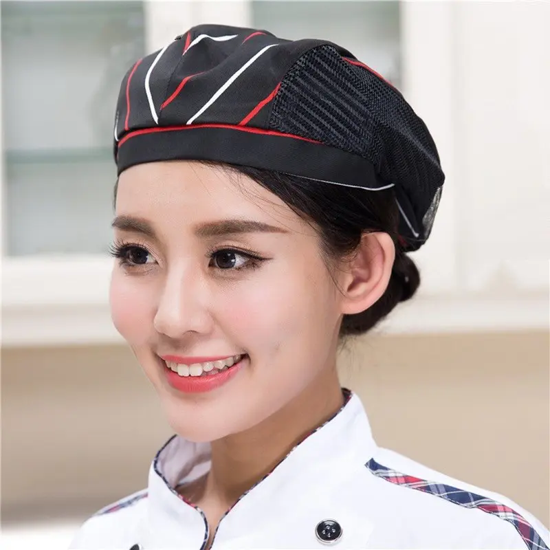Men Women Mesh Patchwork Chef Restaurant Kitchen Cooking Work Wear Hats Beret Hotel Bakey Cafe Waiter Breathable Cap 56-58cm