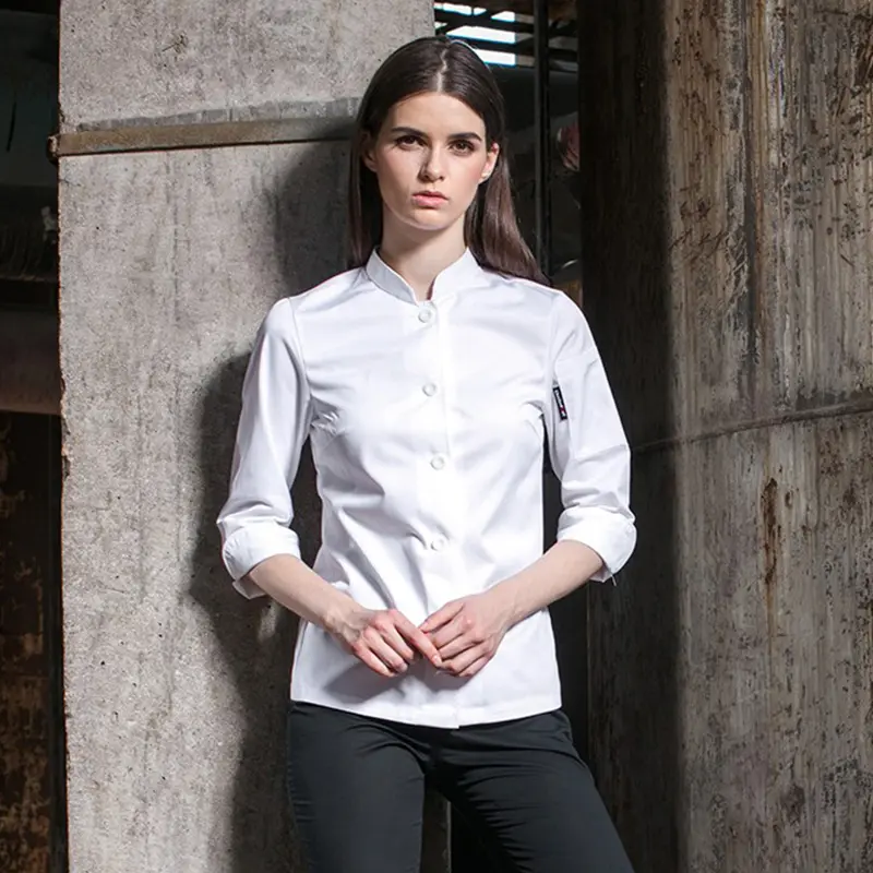 High Quality White Chef Shirt Long Sleeve Restaurant Cook Jacket Hotel Kitchen Uniform Women Cooking Coat Waitress Workwear