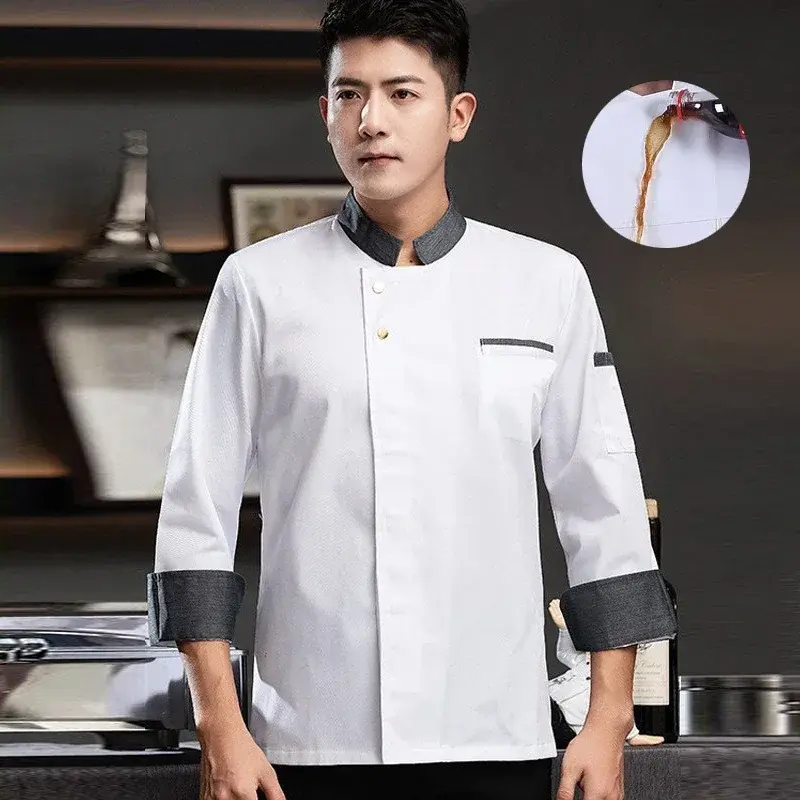 Long Sleeve Chef's Costume Hotel Kitchen Cook Jacket Restaurant Men's Cooking Uniform Bakery White Shirt Bar Waiter Workwear