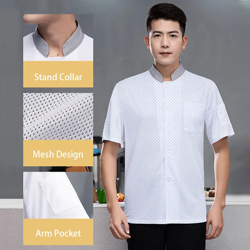 Short Sleeve Chef Shirt Hotel Cooking Uniform Summer Work Clothes Restaurant Kitchen Jackets 360°Breathable Mesh Design Overalls