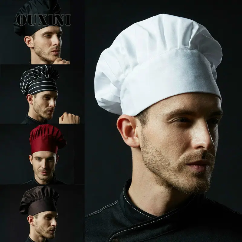 Black Cooking Adjustable Chef Hat Men Kitchen Elastic cap Catering  Striped Plain Hat Work Caps Restaurant Cook Working Hats