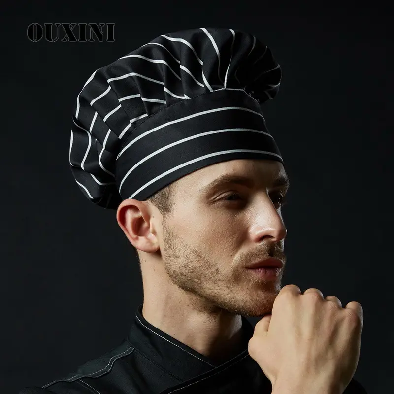 Black Cooking Adjustable Chef Hat Men Kitchen Elastic cap Catering  Striped Plain Hat Work Caps Restaurant Cook Working Hats