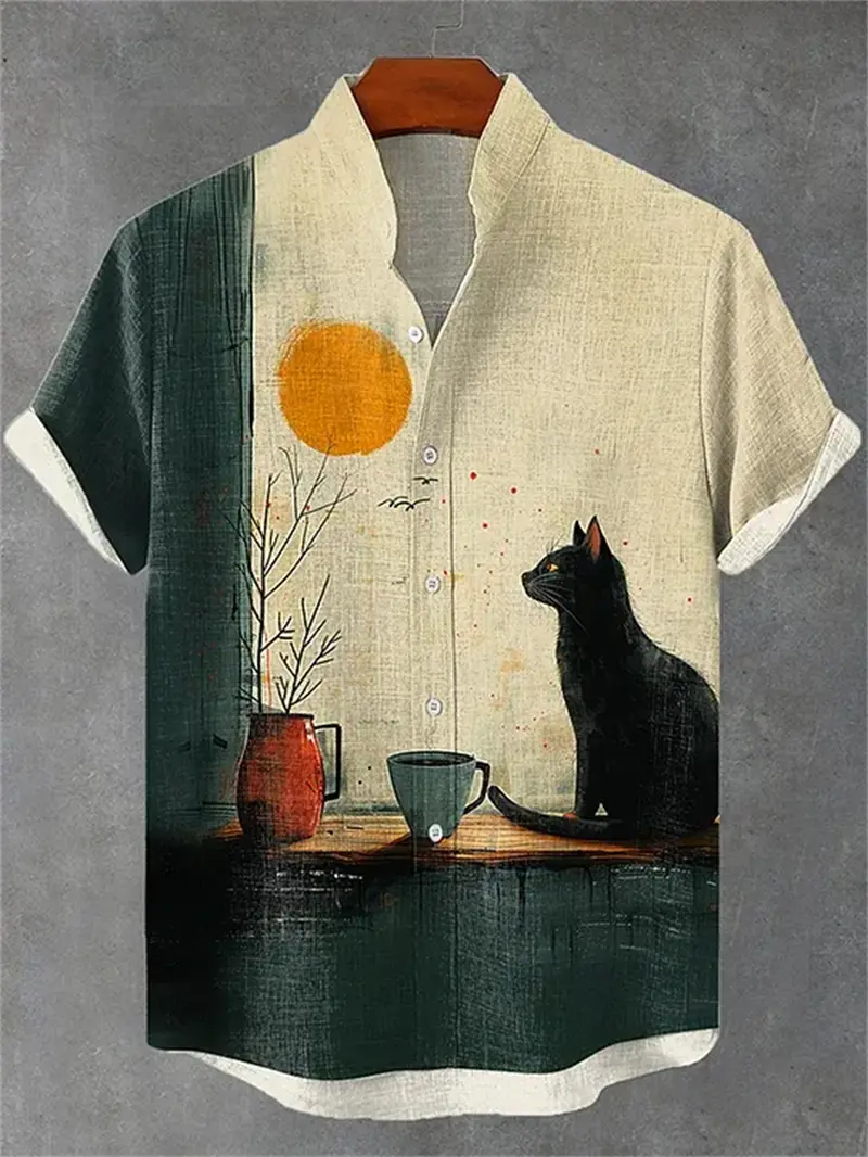 Fashion Cartoon Cat Graphic Shirts For Men Trendy Summer Short Sleeve 3D Printed Blouse Cool Streetwear Breathable Harajuku Tops