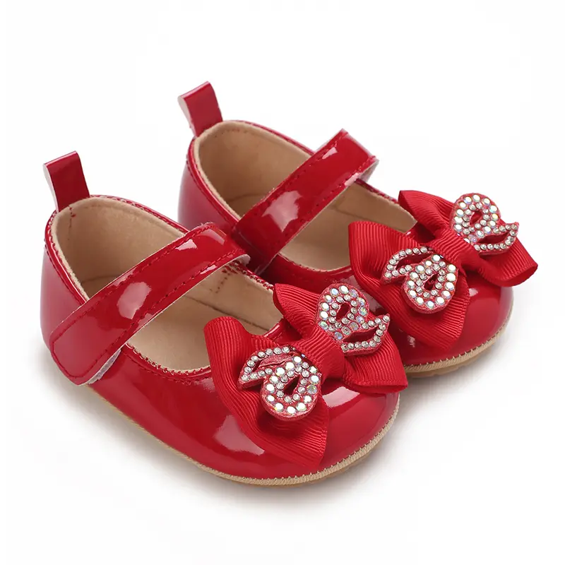 Infant & Toddler Mary Jane Shoes with Bow, Faux Leather, Fabric Lined, Comfortable Flat Sole, with Easy Fasten for Daily & Casua