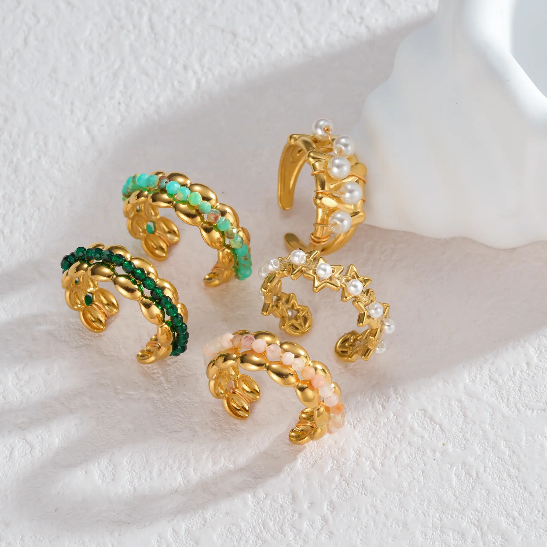Freeteeme New Fashion Colorful Beaded Ring for Women Stainless Steel Simple Geometric Open Ring Couple Jewelry Birthday Gifts
