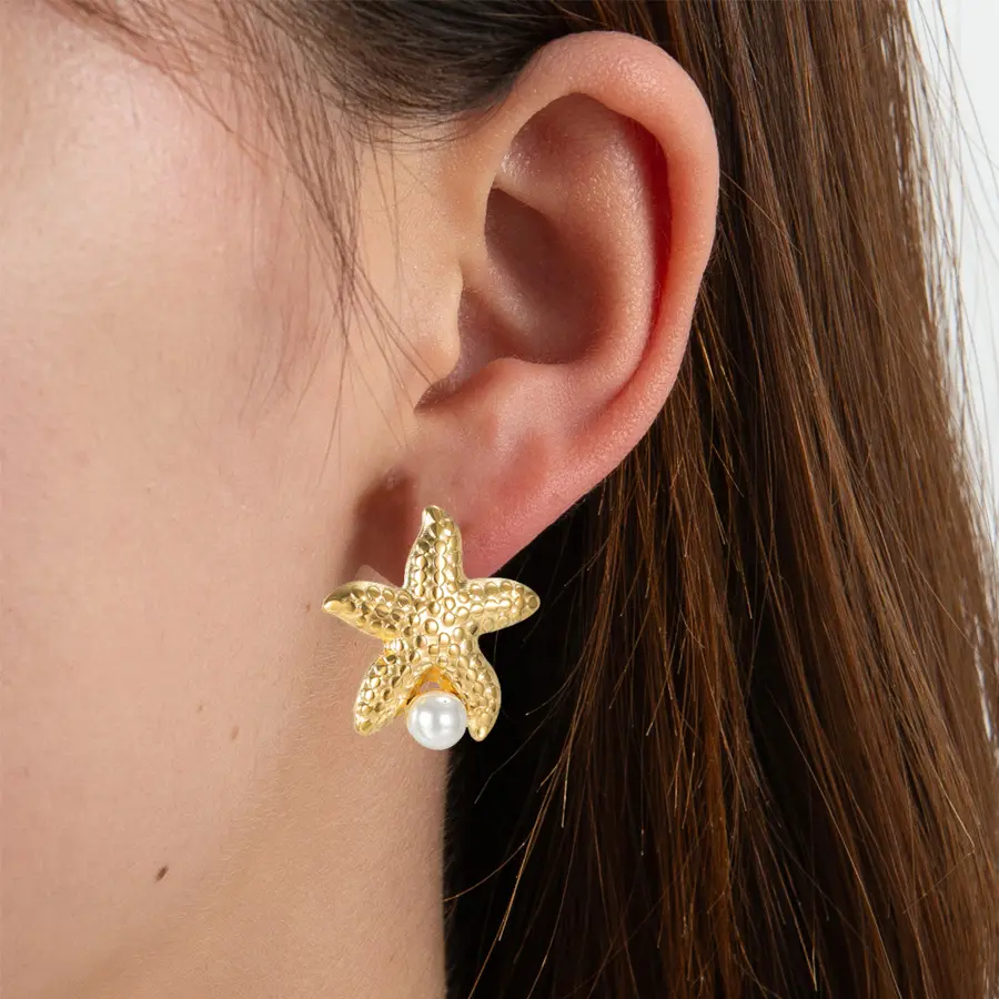 Freeteeme Trendy Starfish Imitation Pearl Earrings for Women 18K Gold Plated Ocean Style Ear Studs Beach Jewelry Birthday Gifts