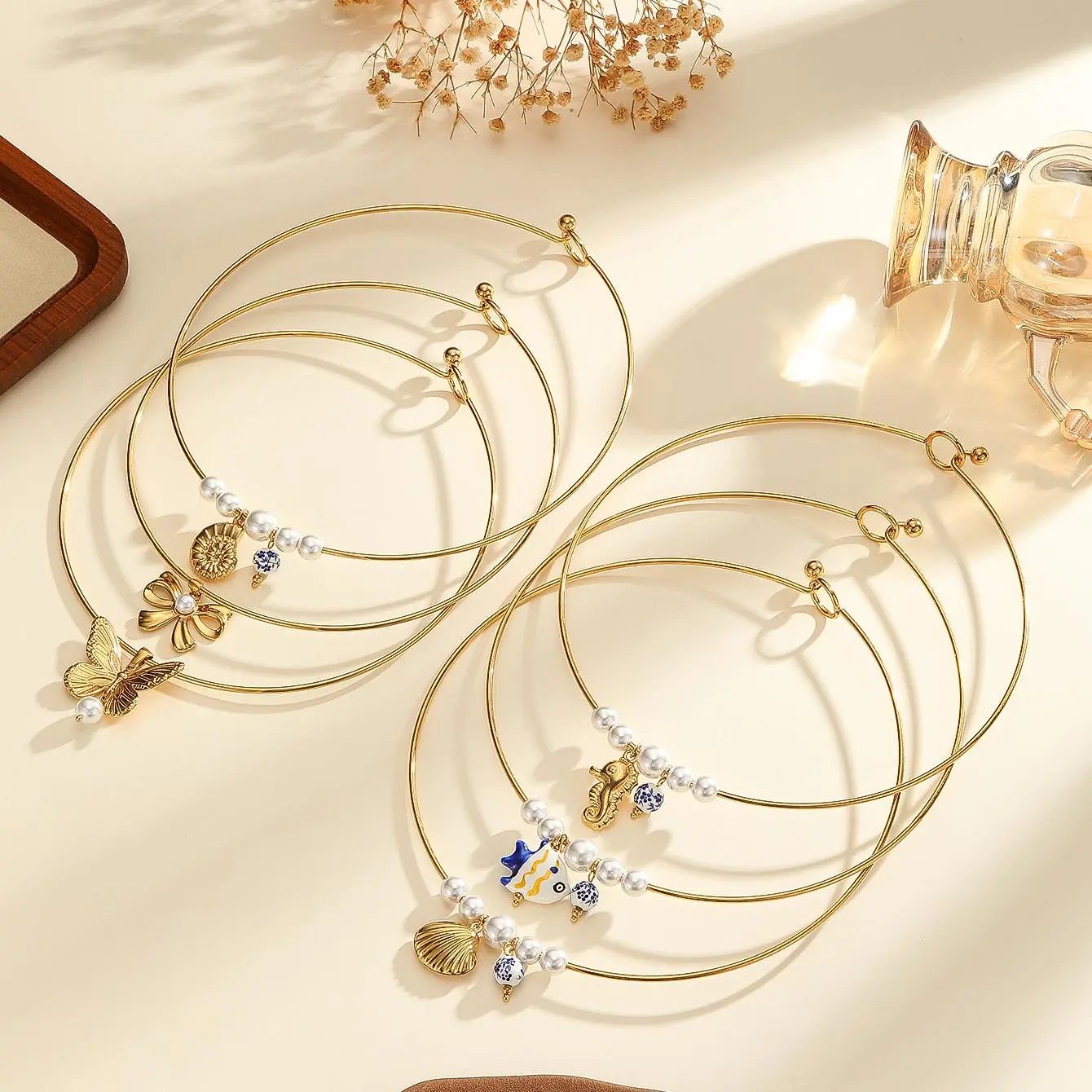 Freeteeme New Bow-knot Shell Pendant Necklace for Women Gold Plated Ceramic Charms Choker Imitation Pearls Jewelry Birthday Gift