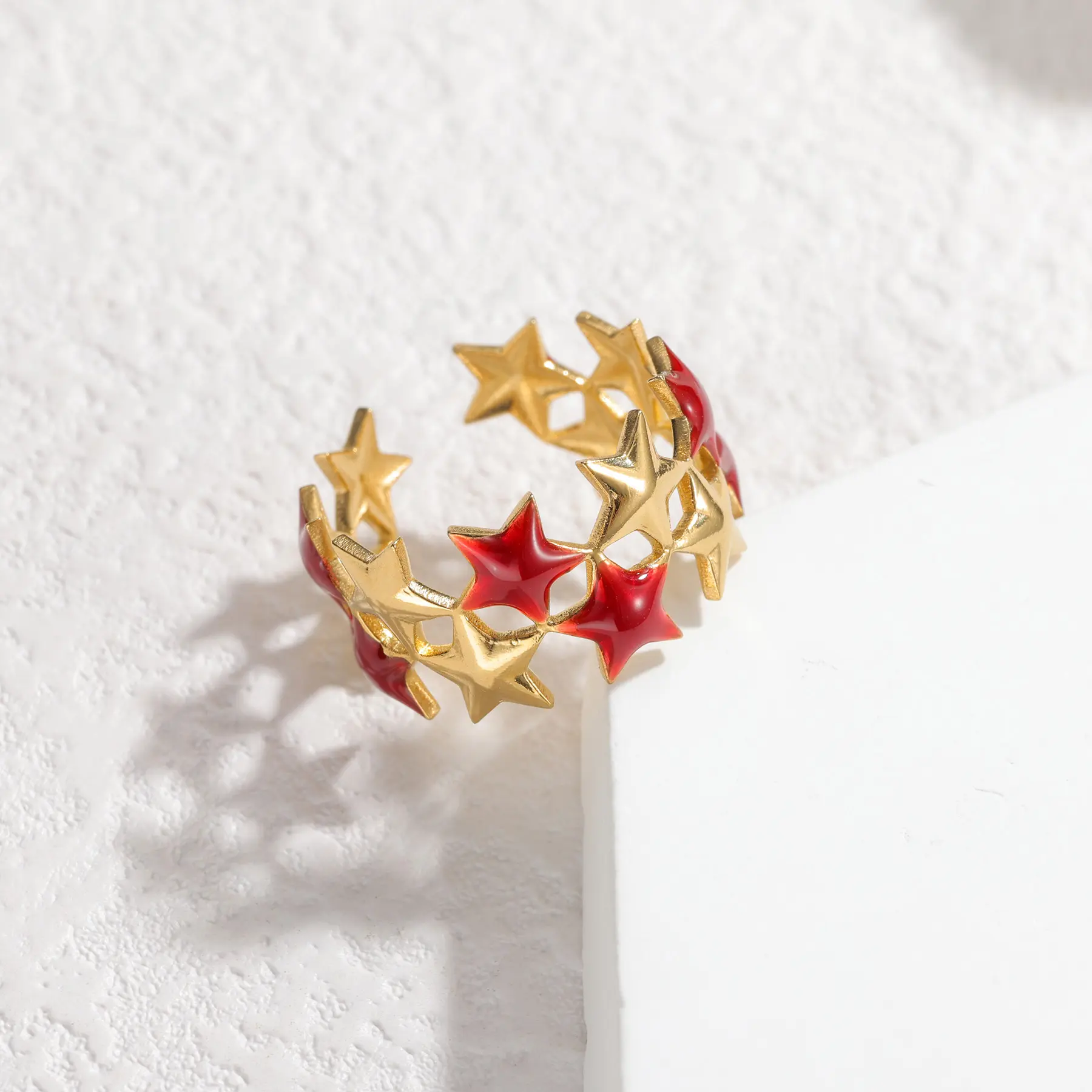 Freeteeme Trendy Oil Dripping Star Rings for Women Stainless Steel Red Star Open Rings Minimalist Couple Jewelry Birthday Gifts