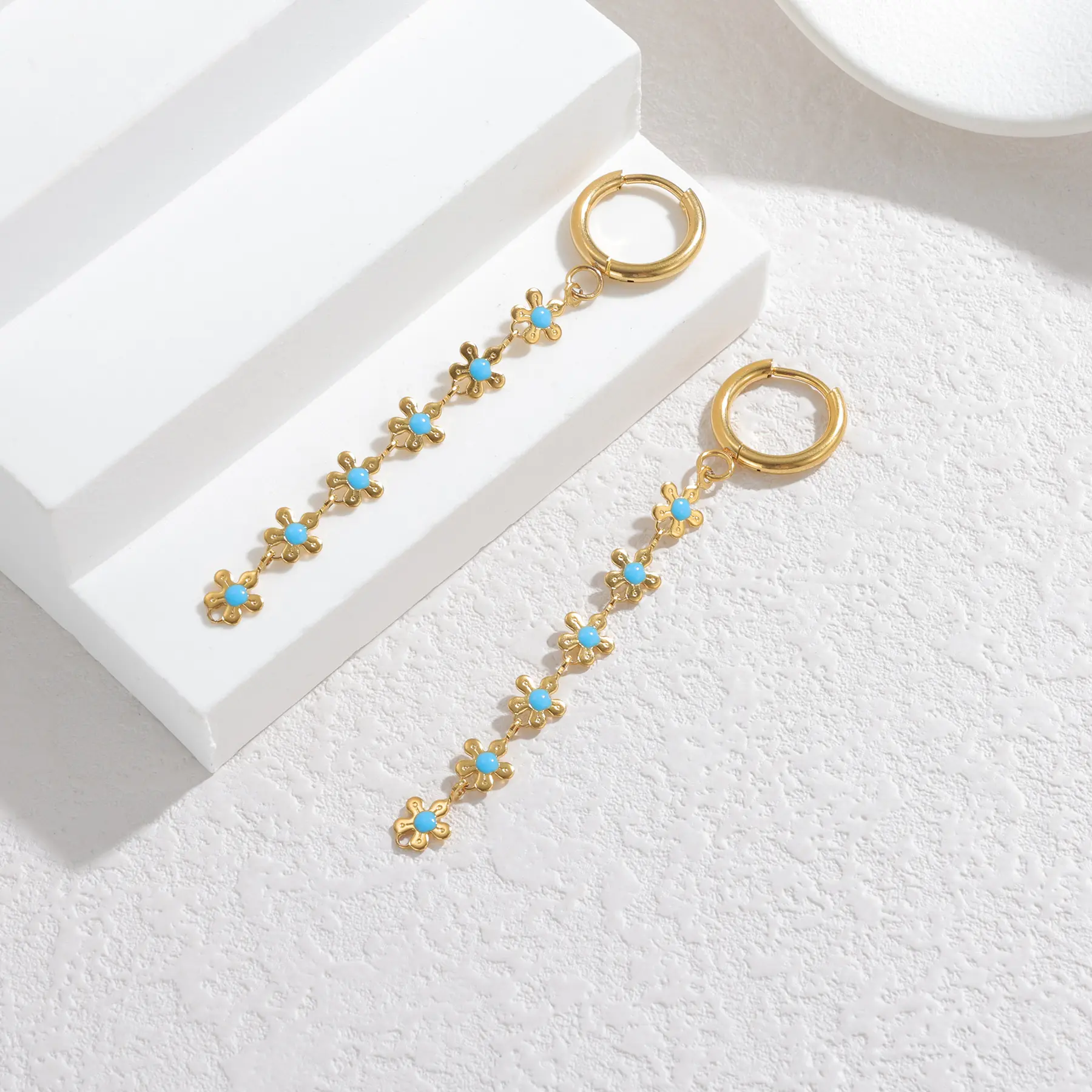 Freeteeme Dripping Oil Blue Flower Earrings Necklace Bracelet for Women Stainless Steel Beaded Chain Jewelry Set Birthday Gifts