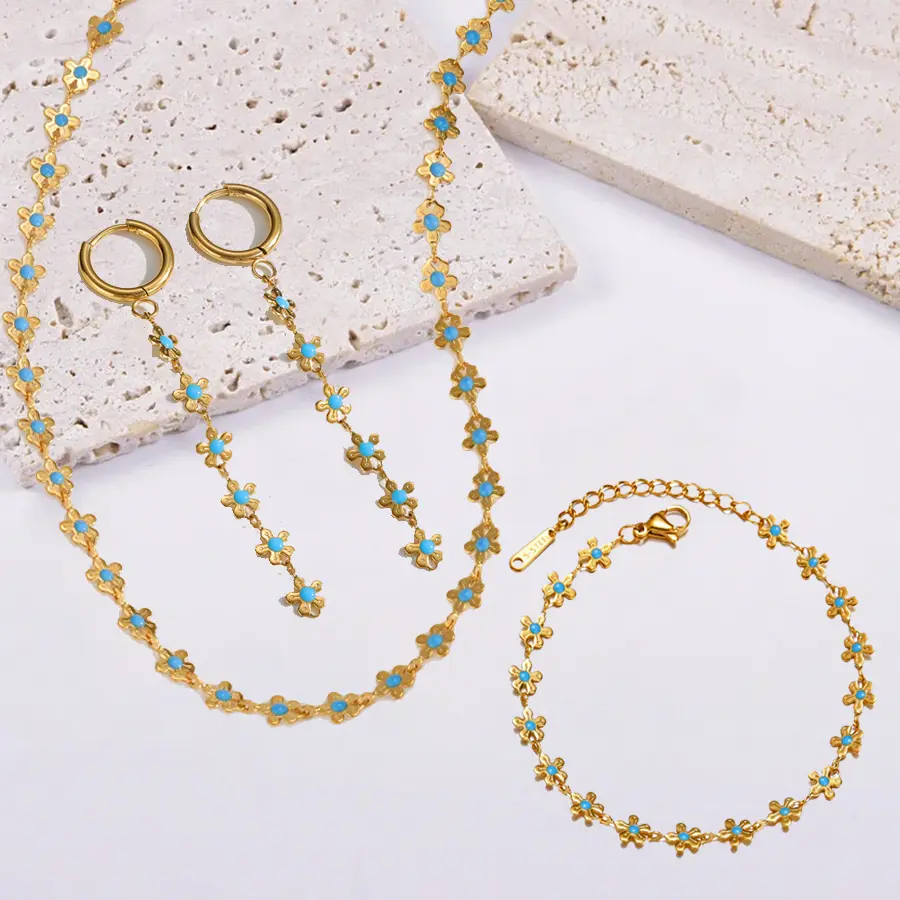 Freeteeme Dripping Oil Blue Flower Earrings Necklace Bracelet for Women Stainless Steel Beaded Chain Jewelry Set Birthday Gifts
