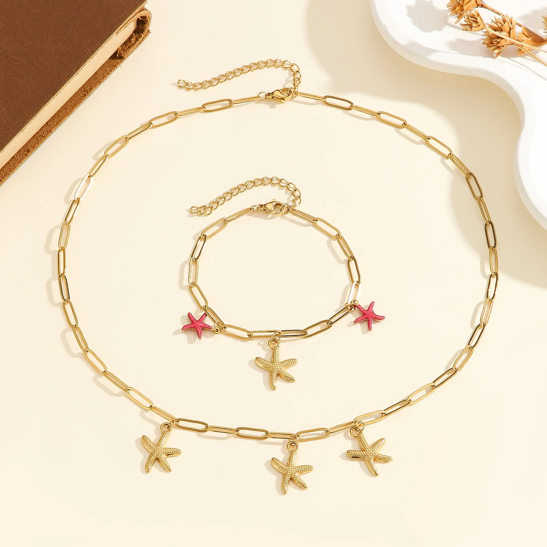 Freeteeme Minimalist Starfish Charms Necklace Bracelet for Women Stainless Steel Ocean Series Jewelry Set Vacation Beach Gifts