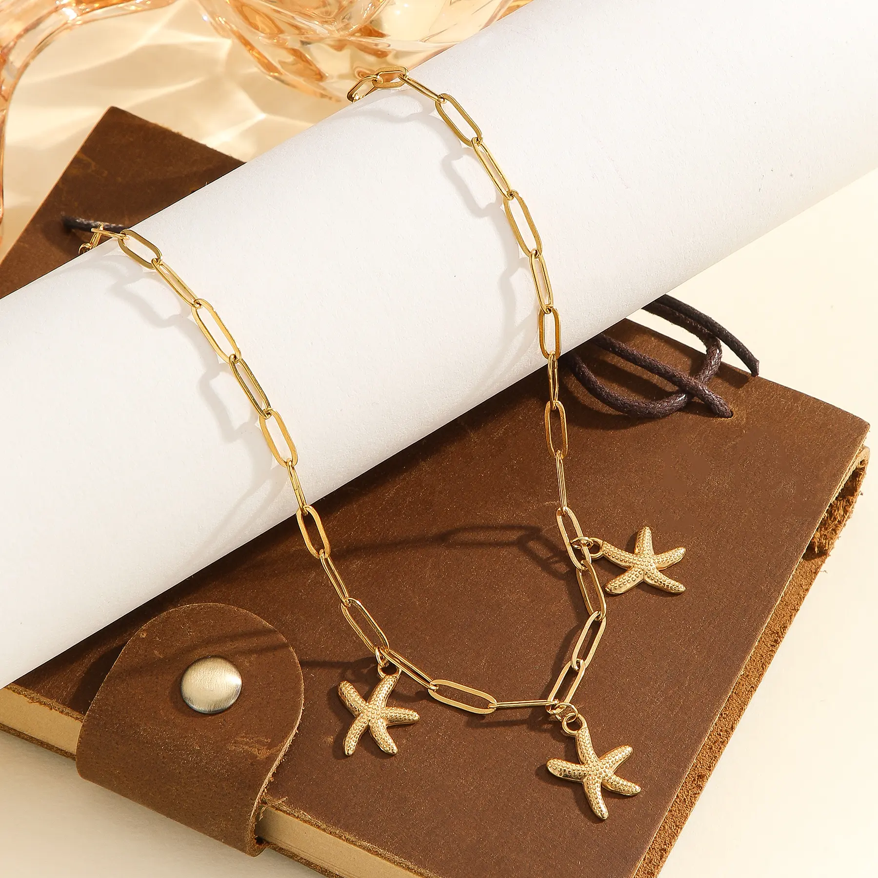 Freeteeme Minimalist Starfish Charms Necklace Bracelet for Women Stainless Steel Ocean Series Jewelry Set Vacation Beach Gifts
