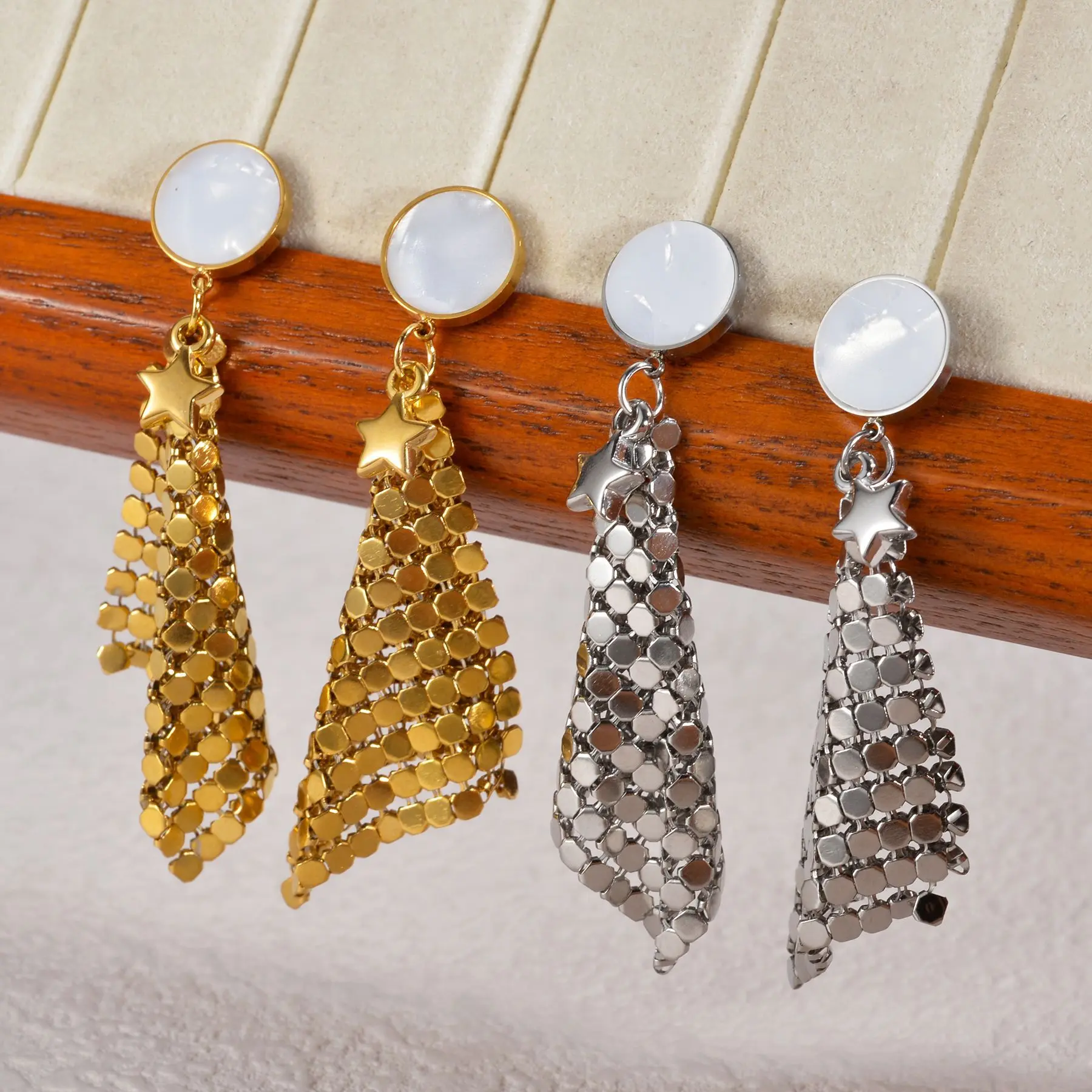 Freeteeme Sparkling Geometric Scales Tassel Earrings for Women Stainless Steel Bling Dangle Earring Banquet Daily Birthday Gifts