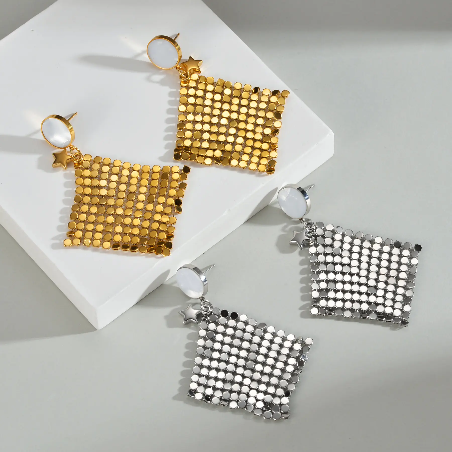 Freeteeme Sparkling Geometric Scales Tassel Earrings for Women Stainless Steel Bling Dangle Earring Banquet Daily Birthday Gifts