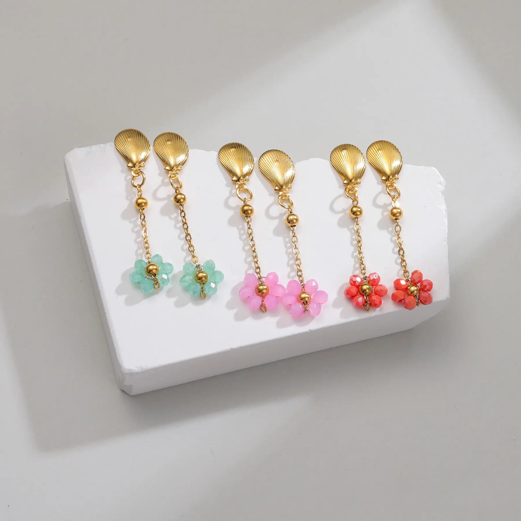 Freeteeme Bohemian Multi-Color Flower Shell Tassel Earrings for Women Stainless Steel Fashion Ear Studs Beach Jewelry Daily Gift