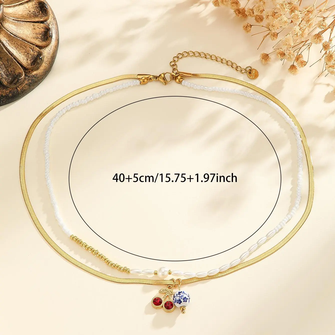 Freeteeme New Double Layers Ceramic Pendant Necklace for Women Cherry Porcelain Charms Imitation Pearl Blade Chain Jewelry Gifts