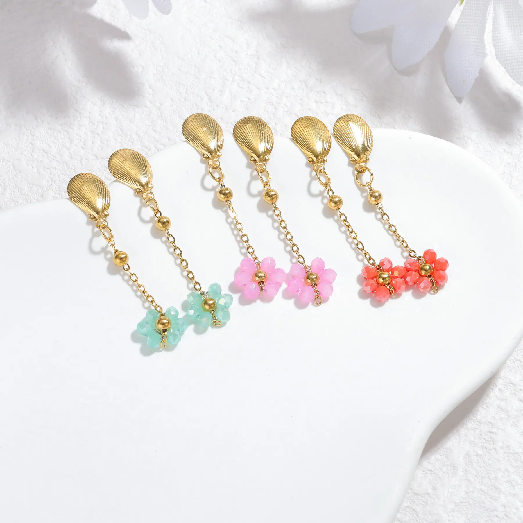 Freeteeme Bohemian Multi-Color Flower Shell Tassel Earrings for Women Stainless Steel Fashion Ear Studs Beach Jewelry Daily Gift