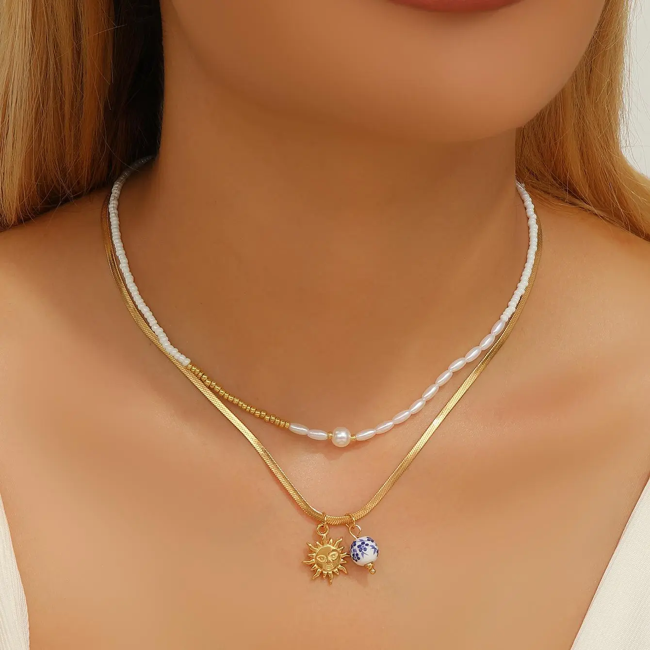 Freeteeme New Double Layers Ceramic Pendant Necklace for Women Cherry Porcelain Charms Imitation Pearl Blade Chain Jewelry Gifts
