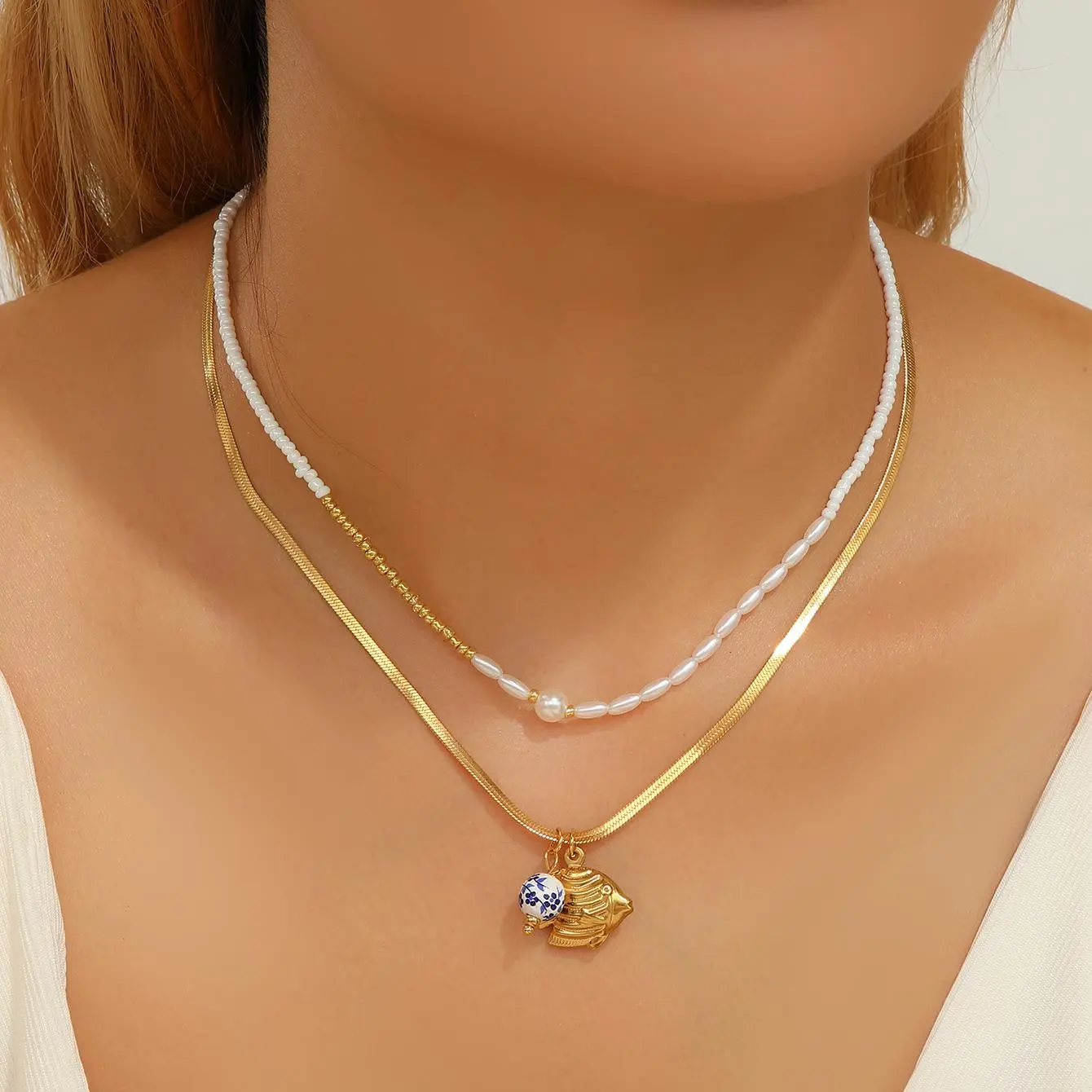 Freeteeme New Double Layers Ceramic Pendant Necklace for Women Cherry Porcelain Charms Imitation Pearl Blade Chain Jewelry Gifts