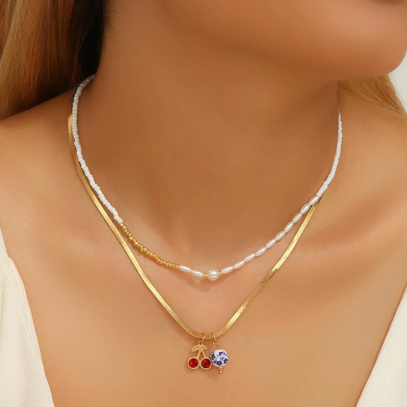 Freeteeme New Double Layers Ceramic Pendant Necklace for Women Cherry Porcelain Charms Imitation Pearl Blade Chain Jewelry Gifts