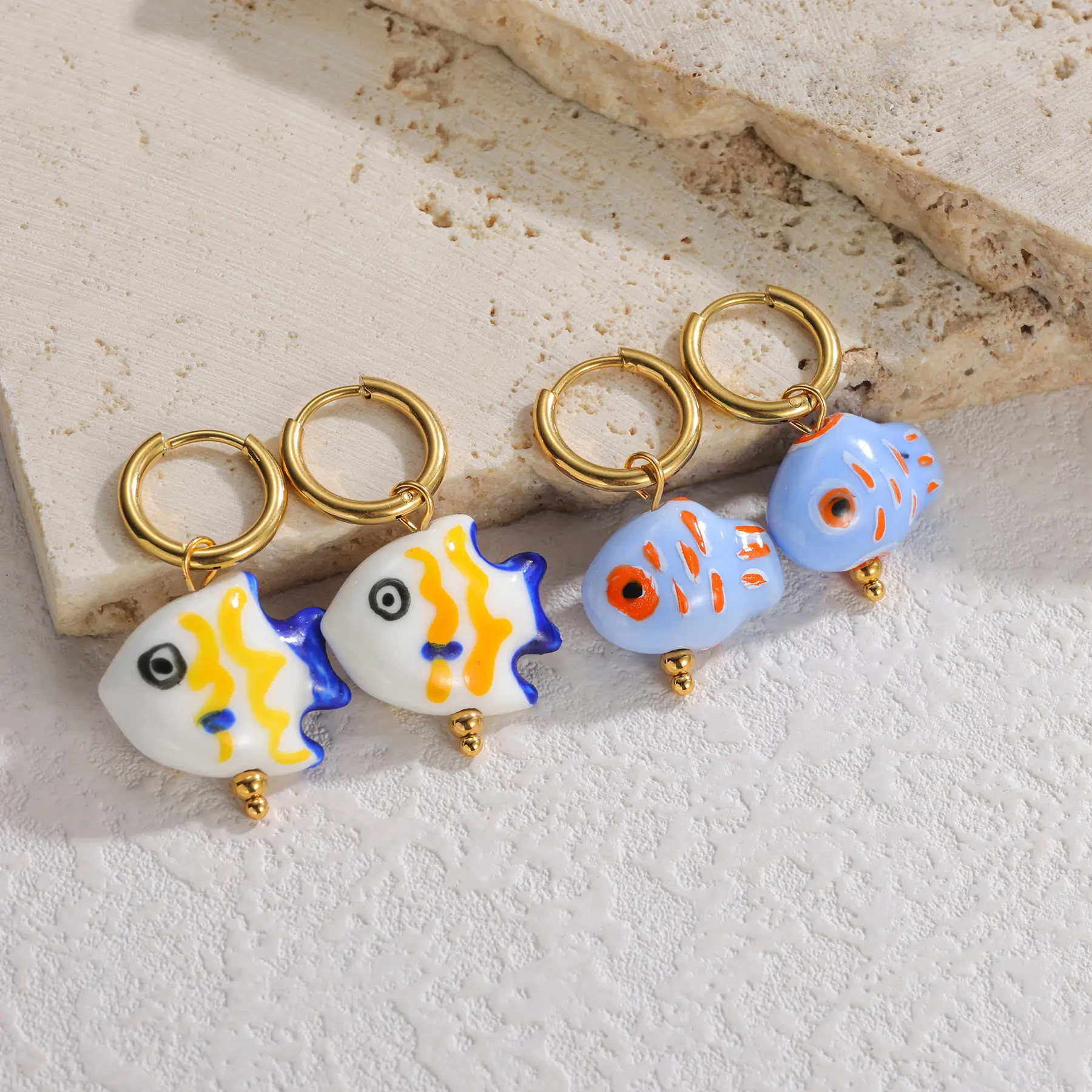 Freeteeme Cute Ceramics Fish Earrings for Women Girls Gold Plated Porcelain Rainbow Ear Stud Chinese Style Jewelry Birthday Gift