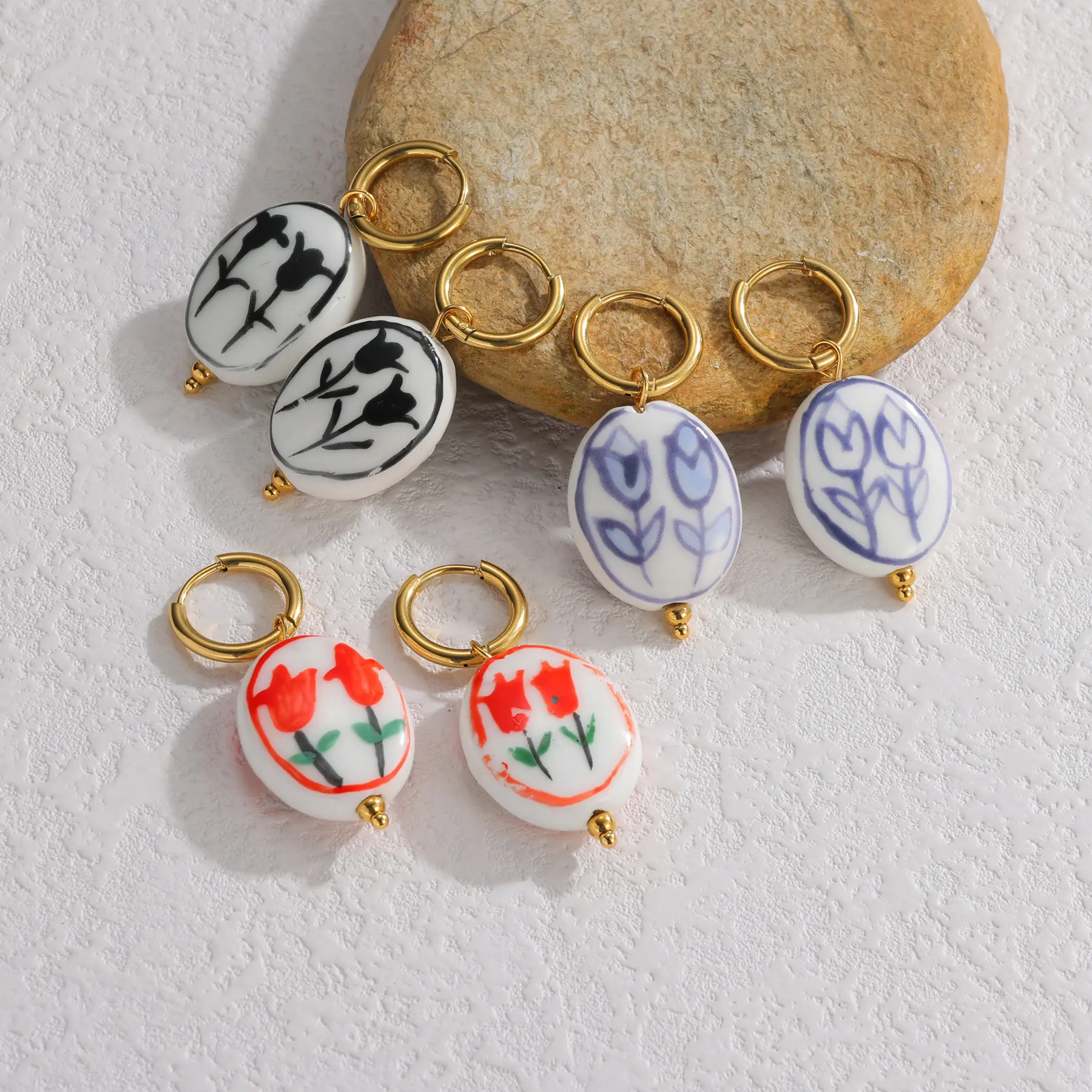 Freeteeme Cute Ceramics Fish Earrings for Women Girls Gold Plated Porcelain Rainbow Ear Stud Chinese Style Jewelry Birthday Gift