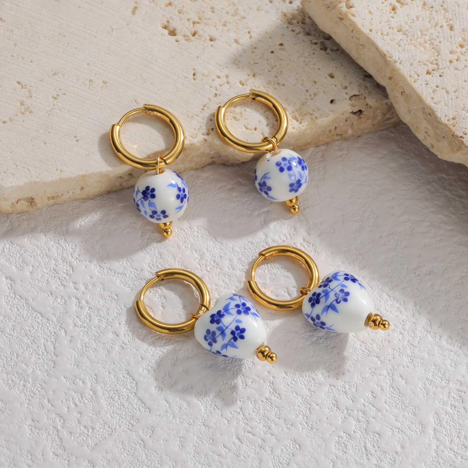 Freeteeme Cute Ceramics Fish Earrings for Women Girls Gold Plated Porcelain Rainbow Ear Stud Chinese Style Jewelry Birthday Gift