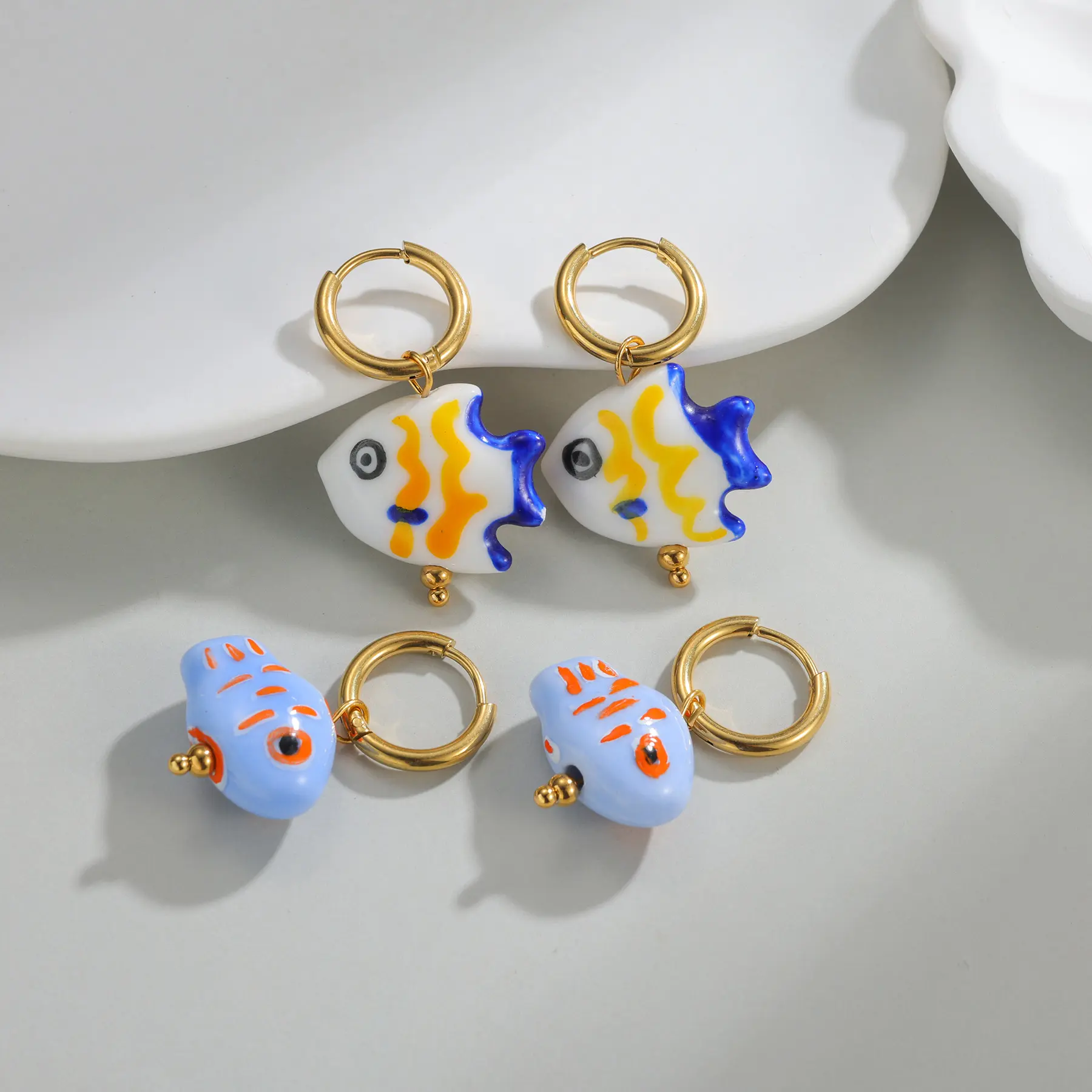 Freeteeme Cute Ceramics Fish Earrings for Women Girls Gold Plated Porcelain Rainbow Ear Stud Chinese Style Jewelry Birthday Gift