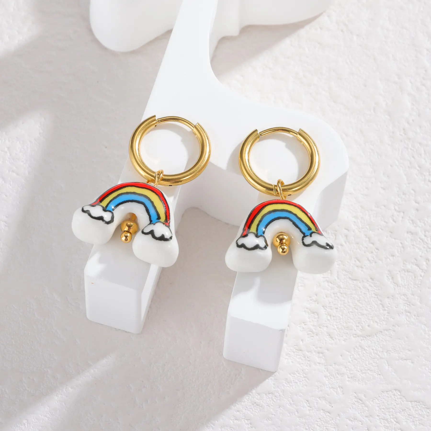 Freeteeme Cute Ceramics Fish Earrings for Women Girls Gold Plated Porcelain Rainbow Ear Stud Chinese Style Jewelry Birthday Gift