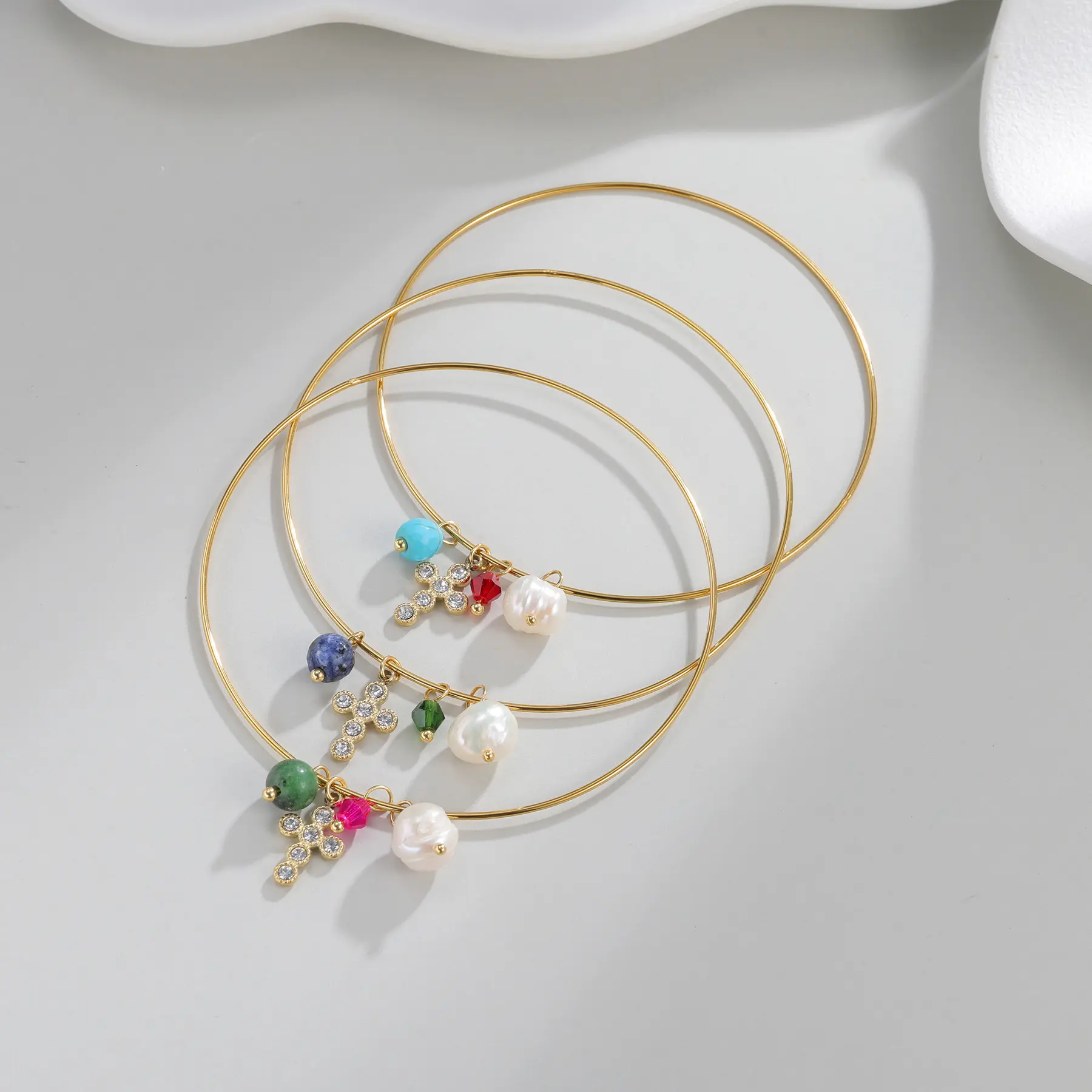 Freeteeme Various Styles Bangles for Women Men Stainless Steel Sparkling Zircon Cross Star Colorful Bead Charms Bracelet Gifts