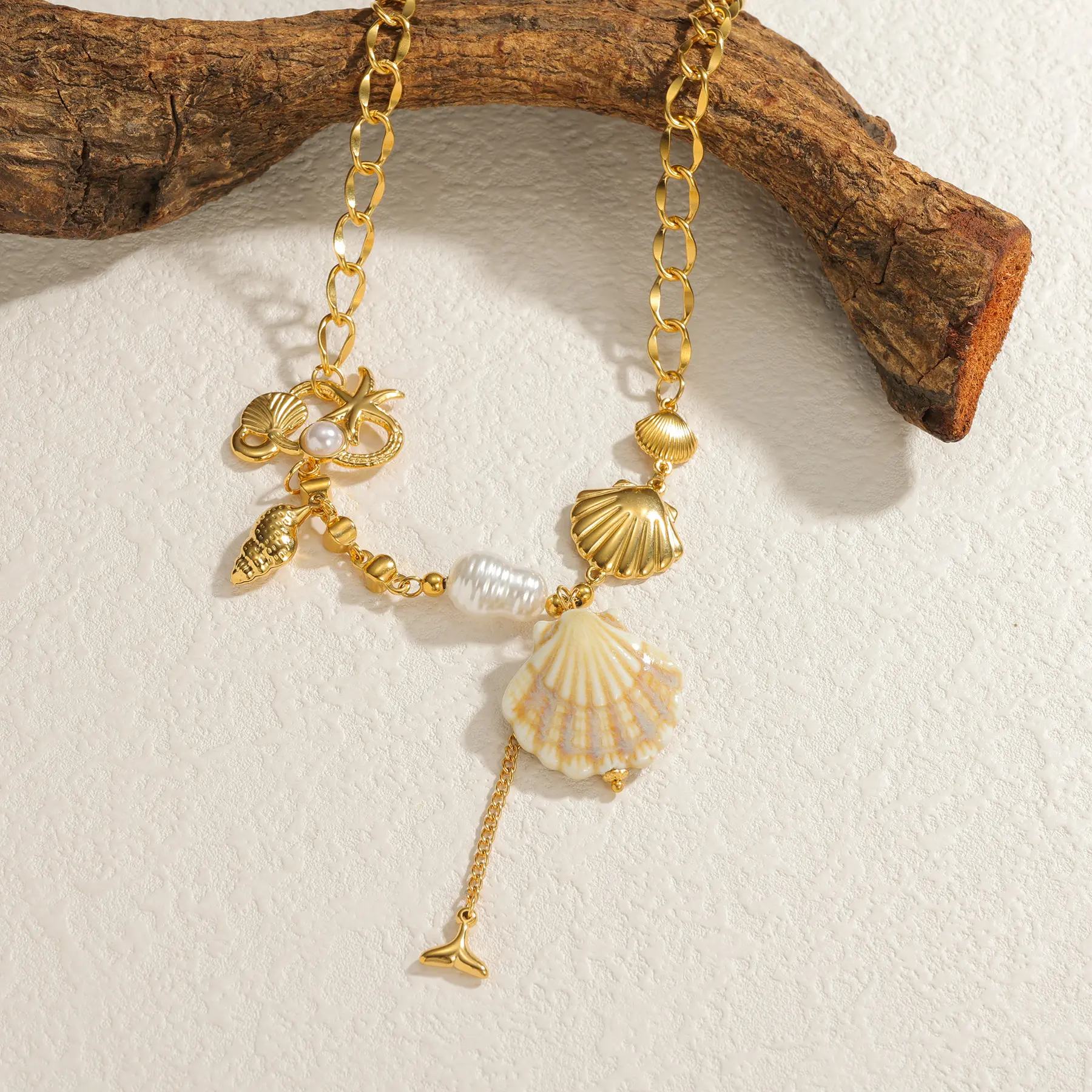 Freeteeme Bohemian Shell Charms Tassel Necklace Stainless Steel Ocean Series Accessories Link Chain Jewelry Holiday Party Gifts