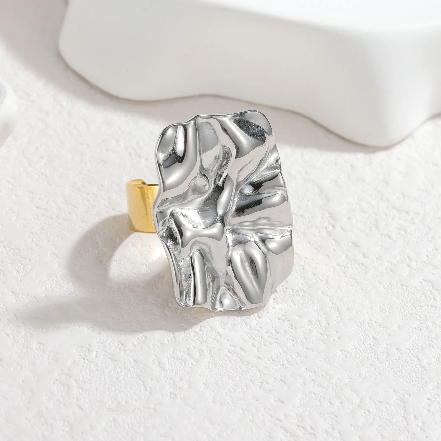 Freeteeme Stylish Mixed Silver/Gold Color Irregular Ring for Couple Stainless Steel Geometric Open Ring Women Daily Jewelry Gift