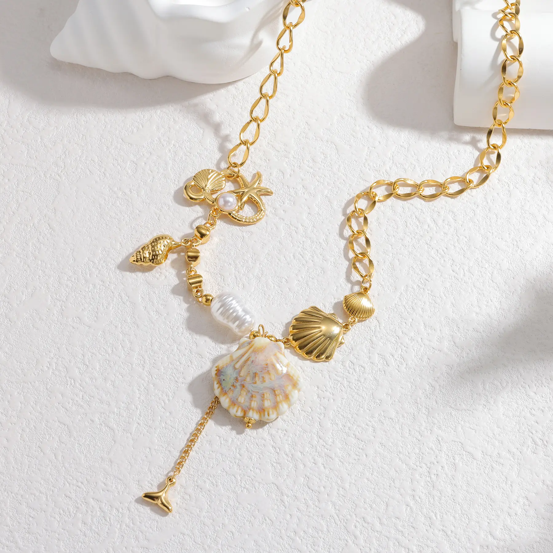 Freeteeme Bohemian Shell Charms Tassel Necklace Stainless Steel Ocean Series Accessories Link Chain Jewelry Holiday Party Gifts